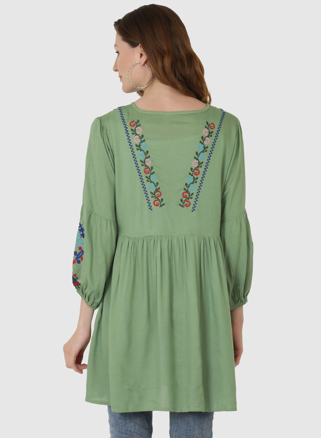 Women Top Sea Green Regular Fit and Flare Puff Sleeve Embroidery Work