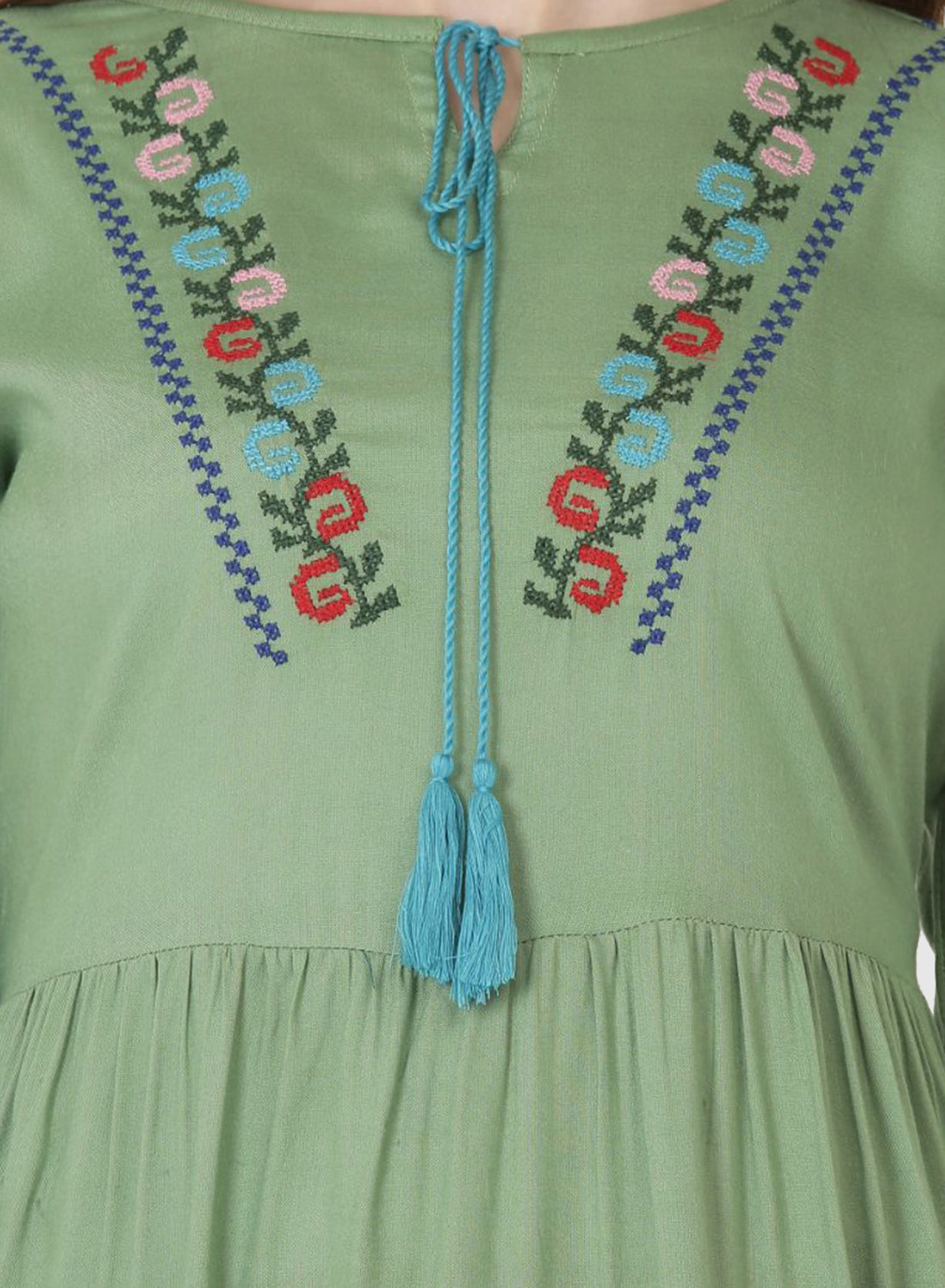 Women Top Sea Green Regular Fit and Flare Puff Sleeve Embroidery Work