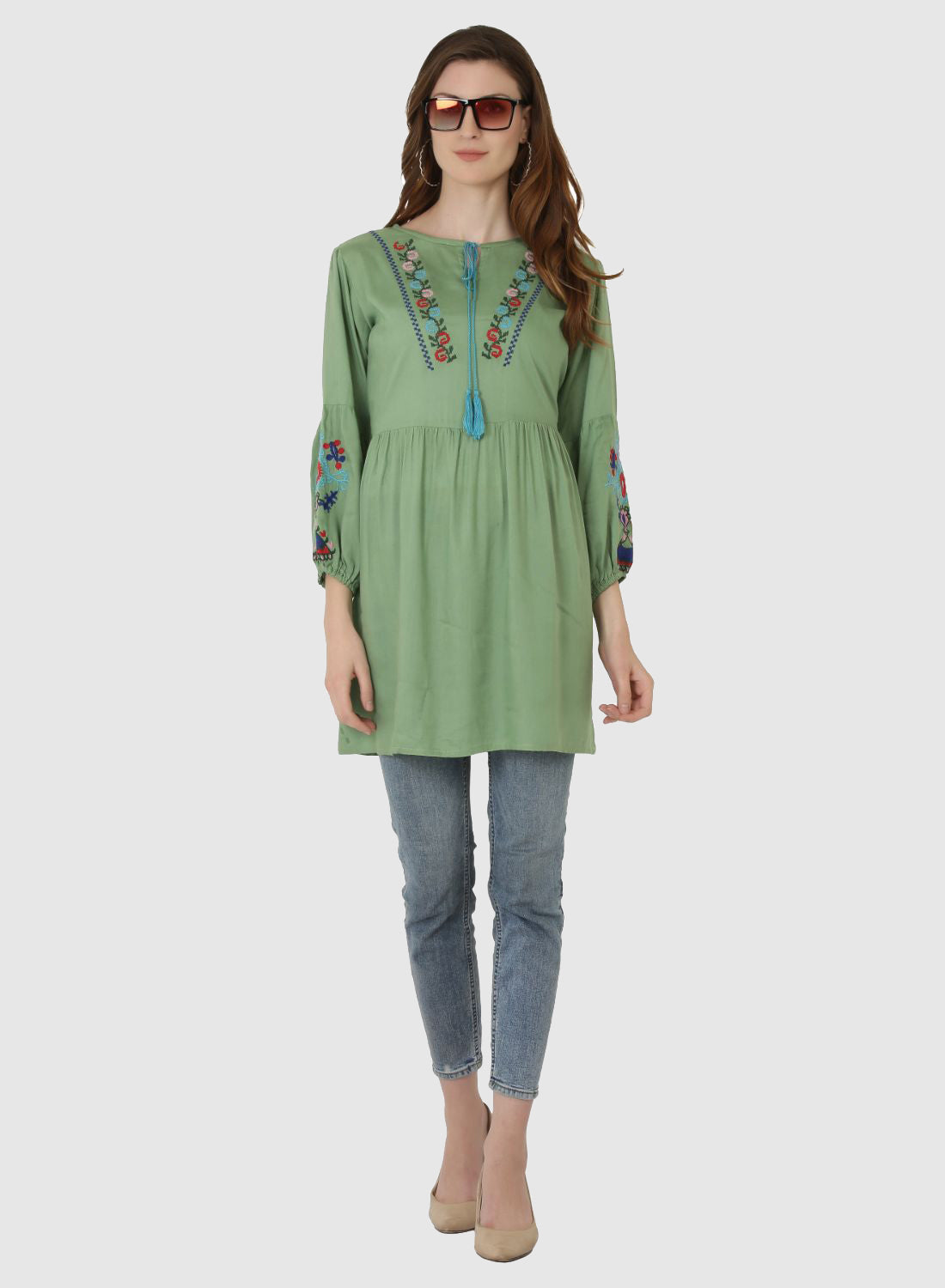 Women Top Sea Green Regular Fit and Flare Puff Sleeve Embroidery Work