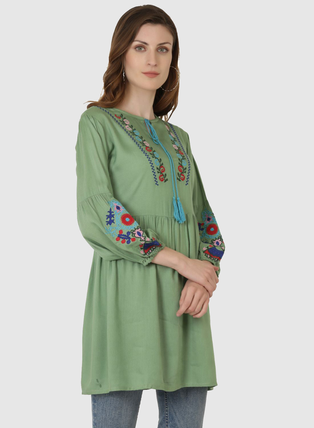 Women Top Sea Green Regular Fit and Flare Puff Sleeve Embroidery Work