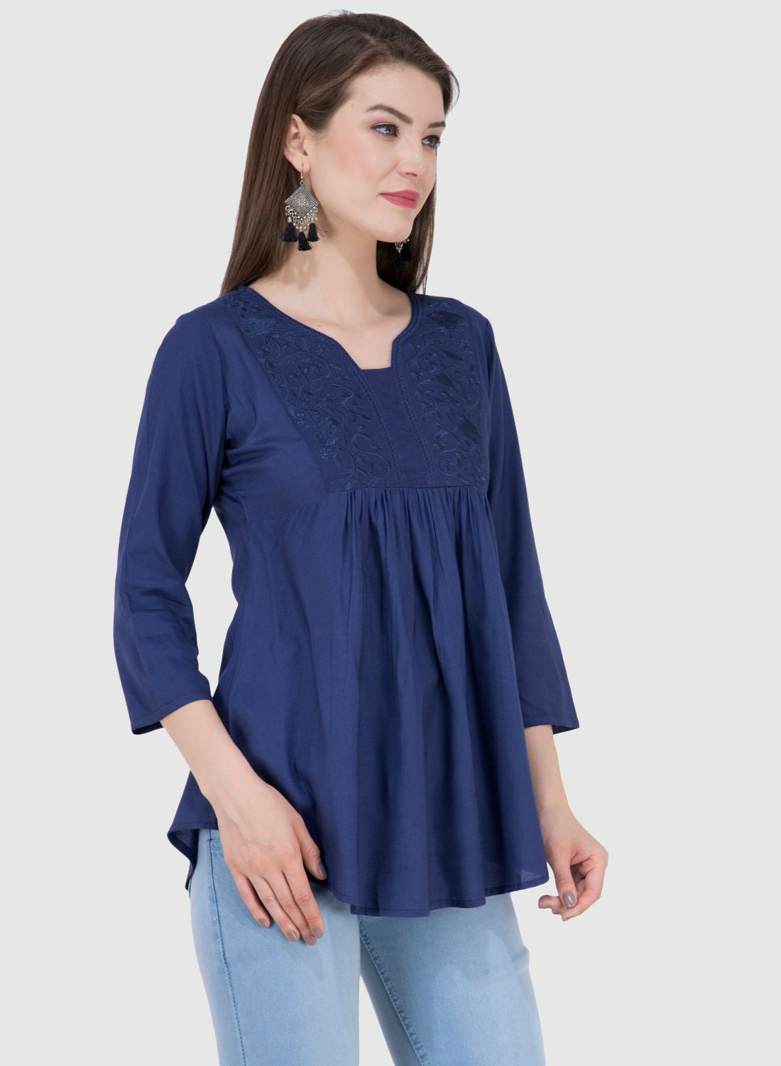 Women Top R Blue Rayon Casual Regular Fit 3/4 Sleeve Fit and Flare