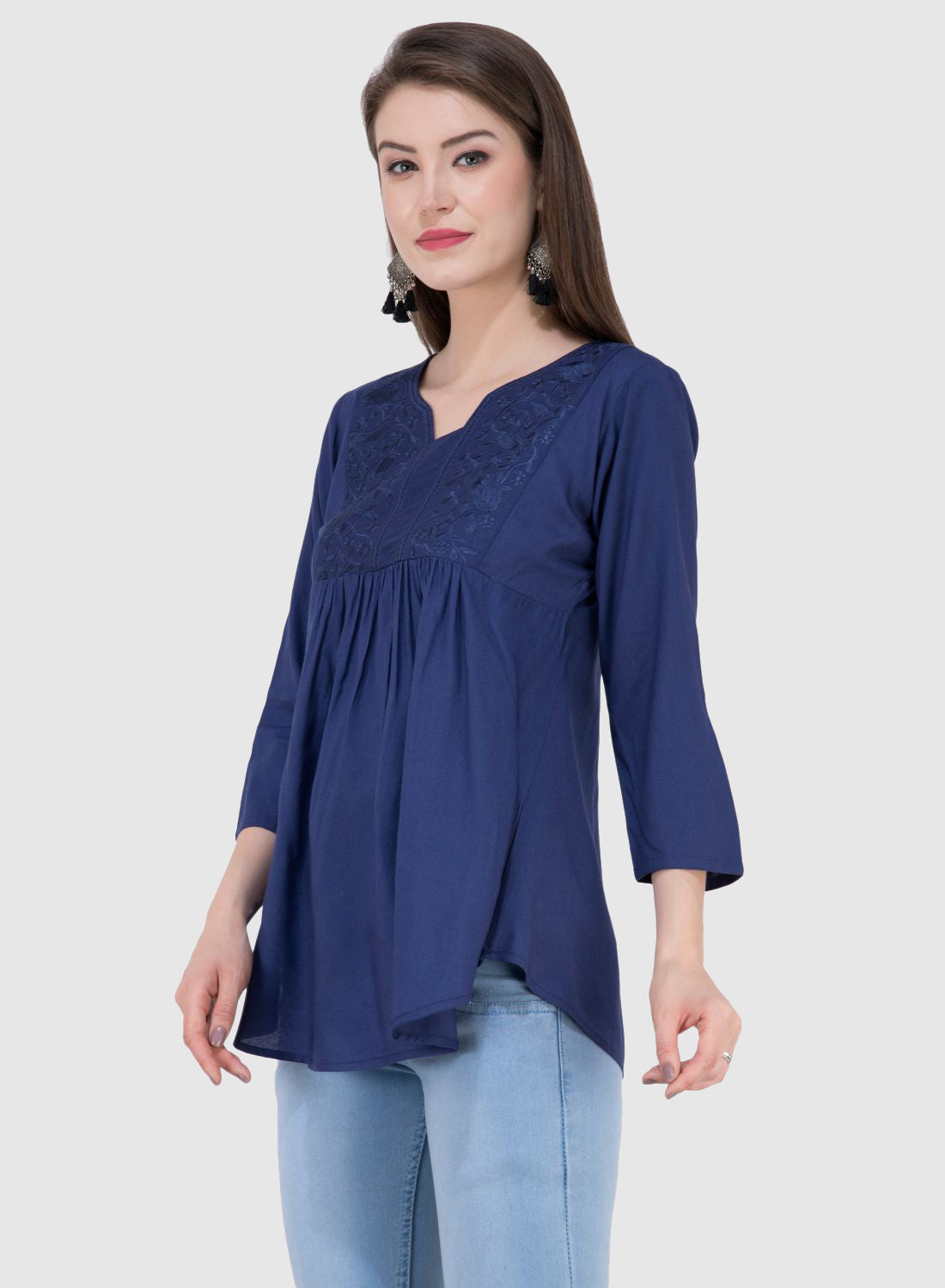 Women Top R Blue Rayon Casual Regular Fit 3/4 Sleeve Fit and Flare