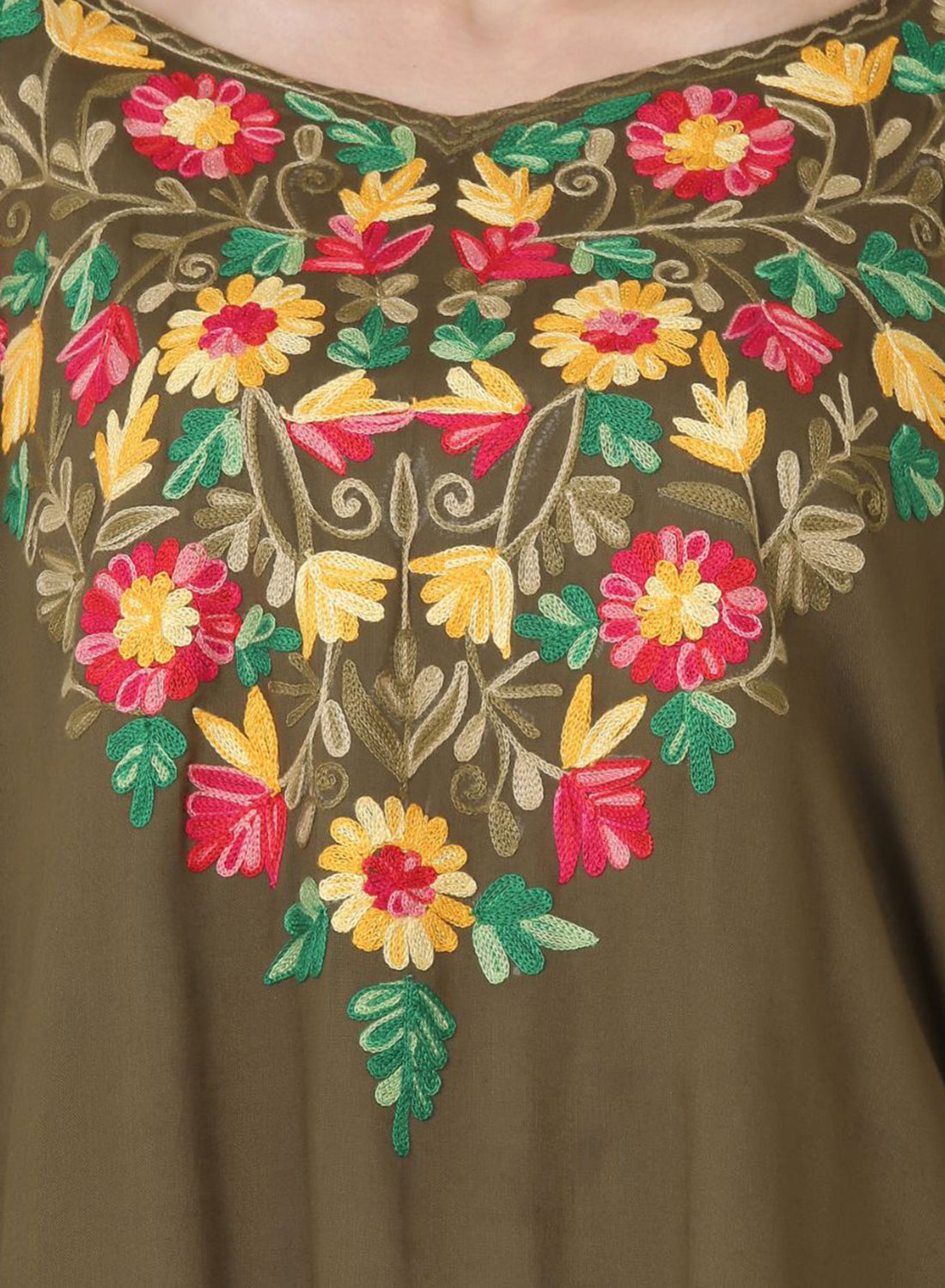 Women Kaftan Top Mehndi Green Casual Regular Fit and Flare Multi color Embroidery Work