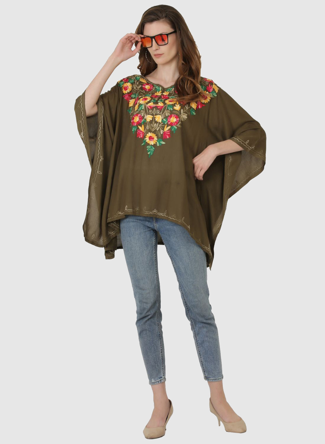 Women Kaftan Top Mehndi Green Casual Regular Fit and Flare Multi color Embroidery Work