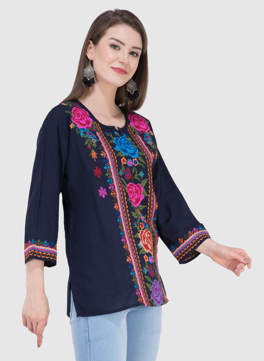 Women Top Blue Navy Blue Rayon Casual Party Wear 3/4 Sleeve