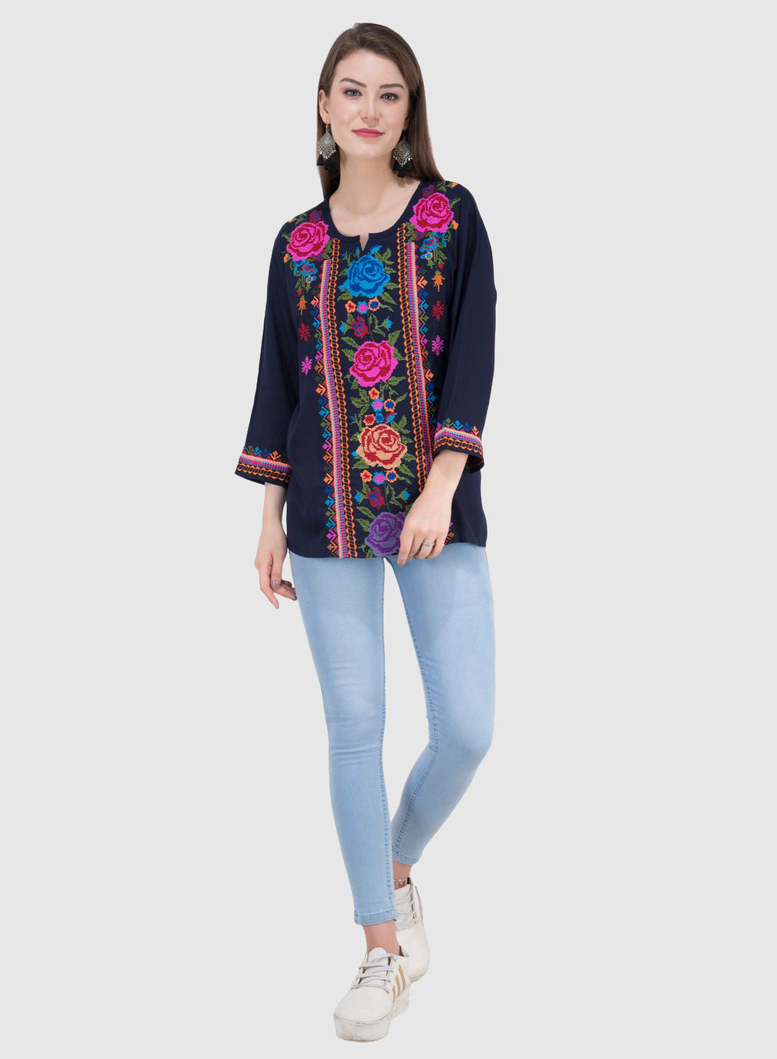 Women Top Blue Navy Blue Rayon Casual Party Wear 3/4 Sleeve