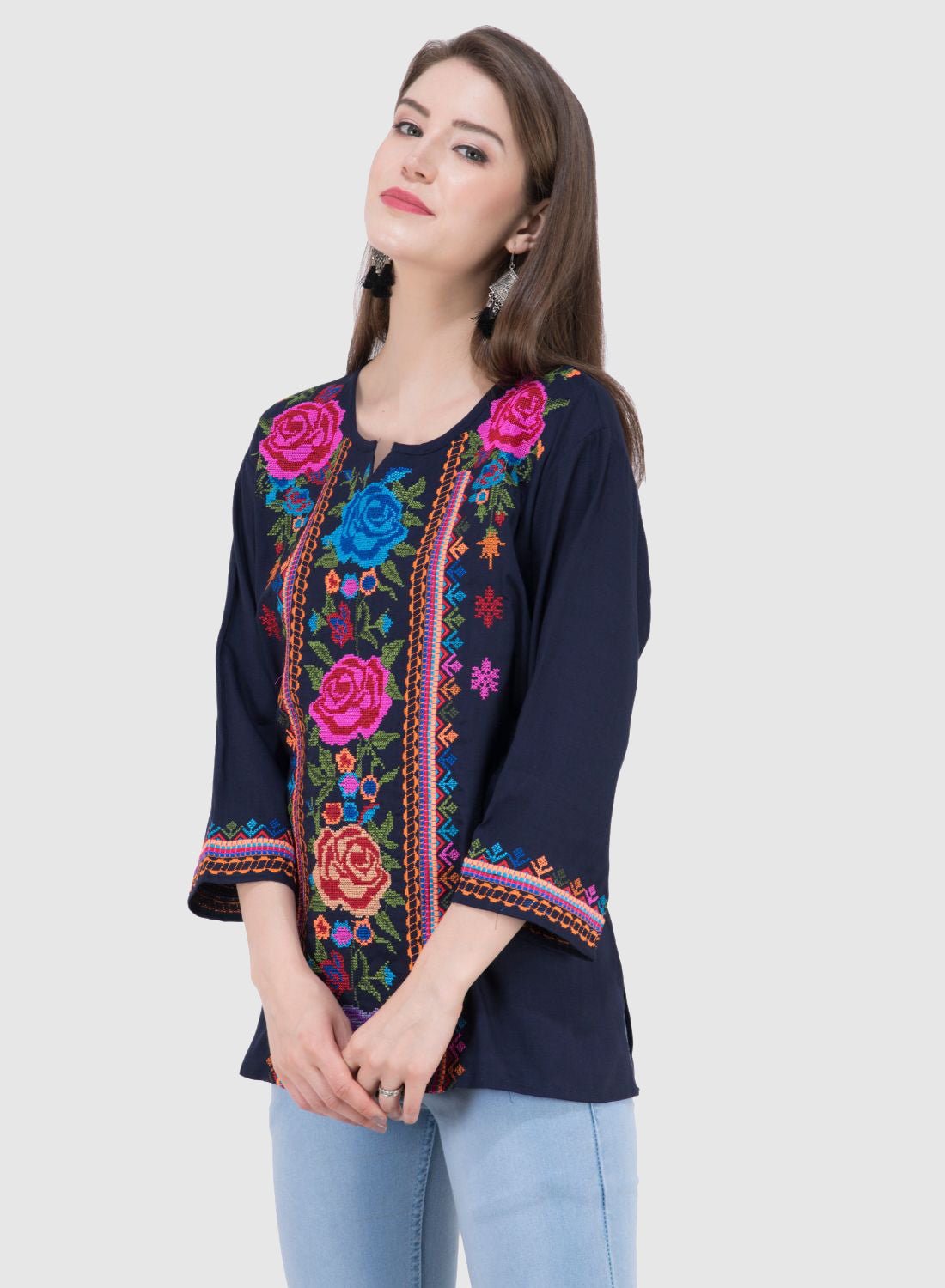 Women Top Blue Navy Blue Rayon Casual Party Wear 3/4 Sleeve