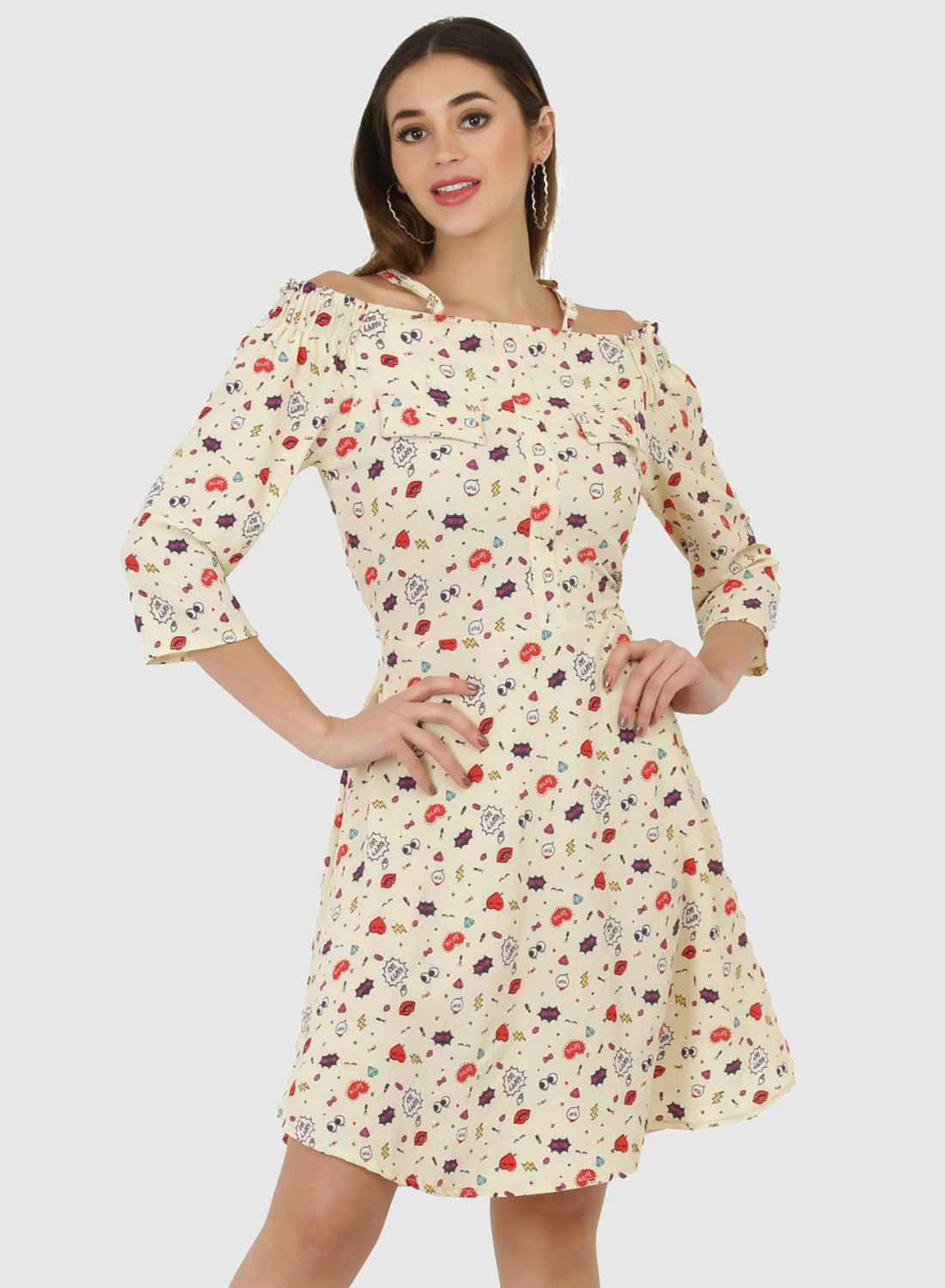 Women Dress Printed Fit and Flare 3/4 Sleeve