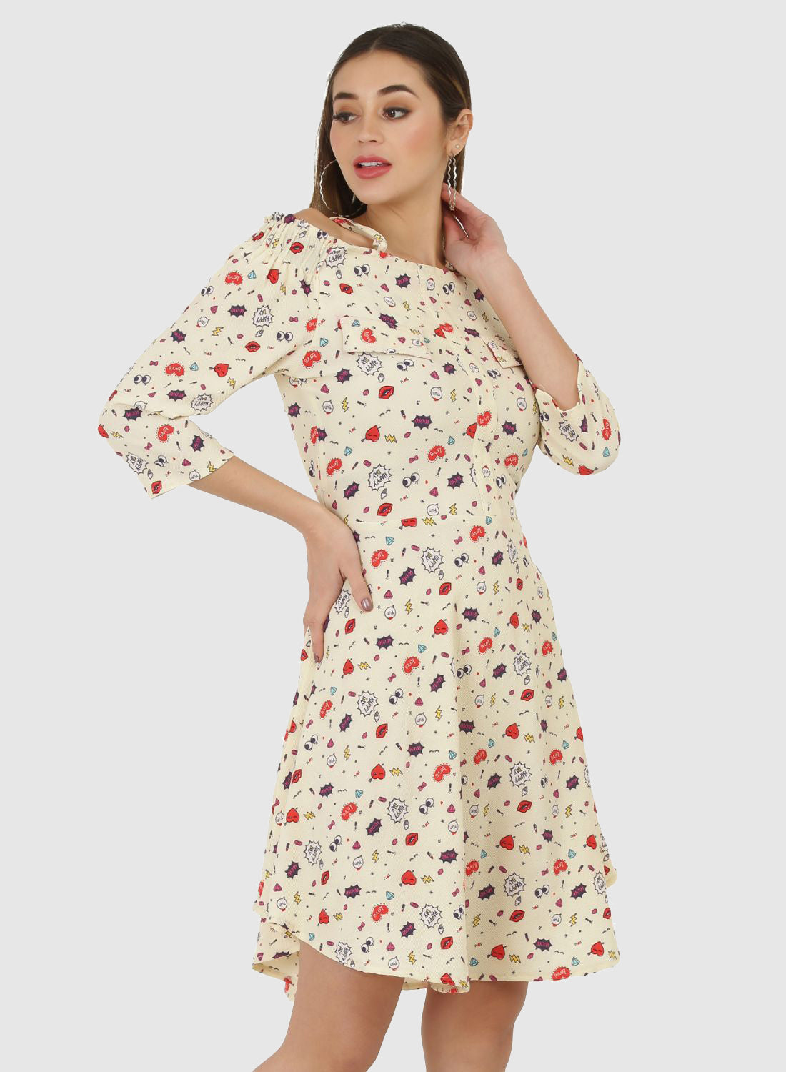 Women Dress Printed Fit and Flare 3/4 Sleeve