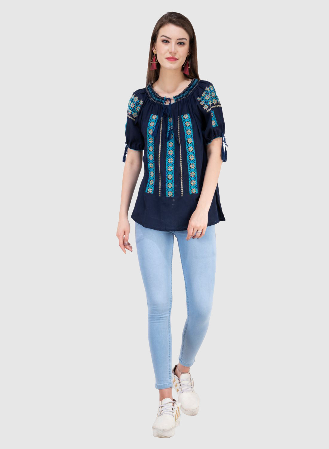 Women Top Blue Navy Blue Rayon Casual Regular Fit Half Sleeve