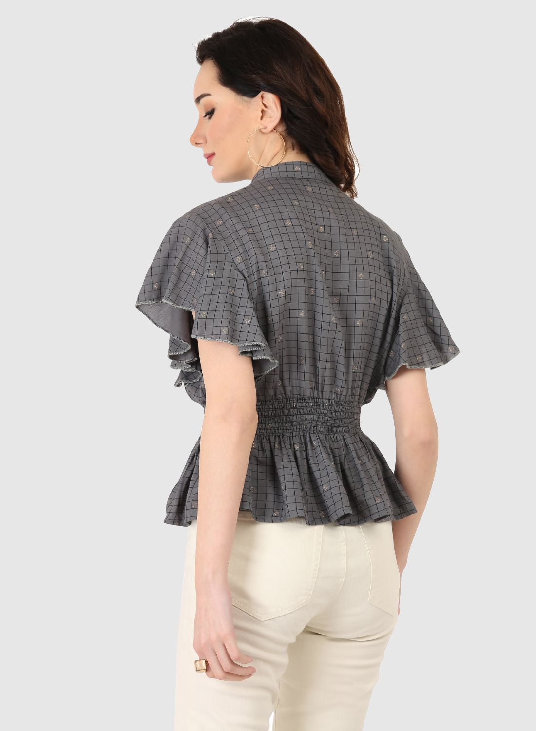 Women Top Grey Fit and Flare Butter Fly Sleeve