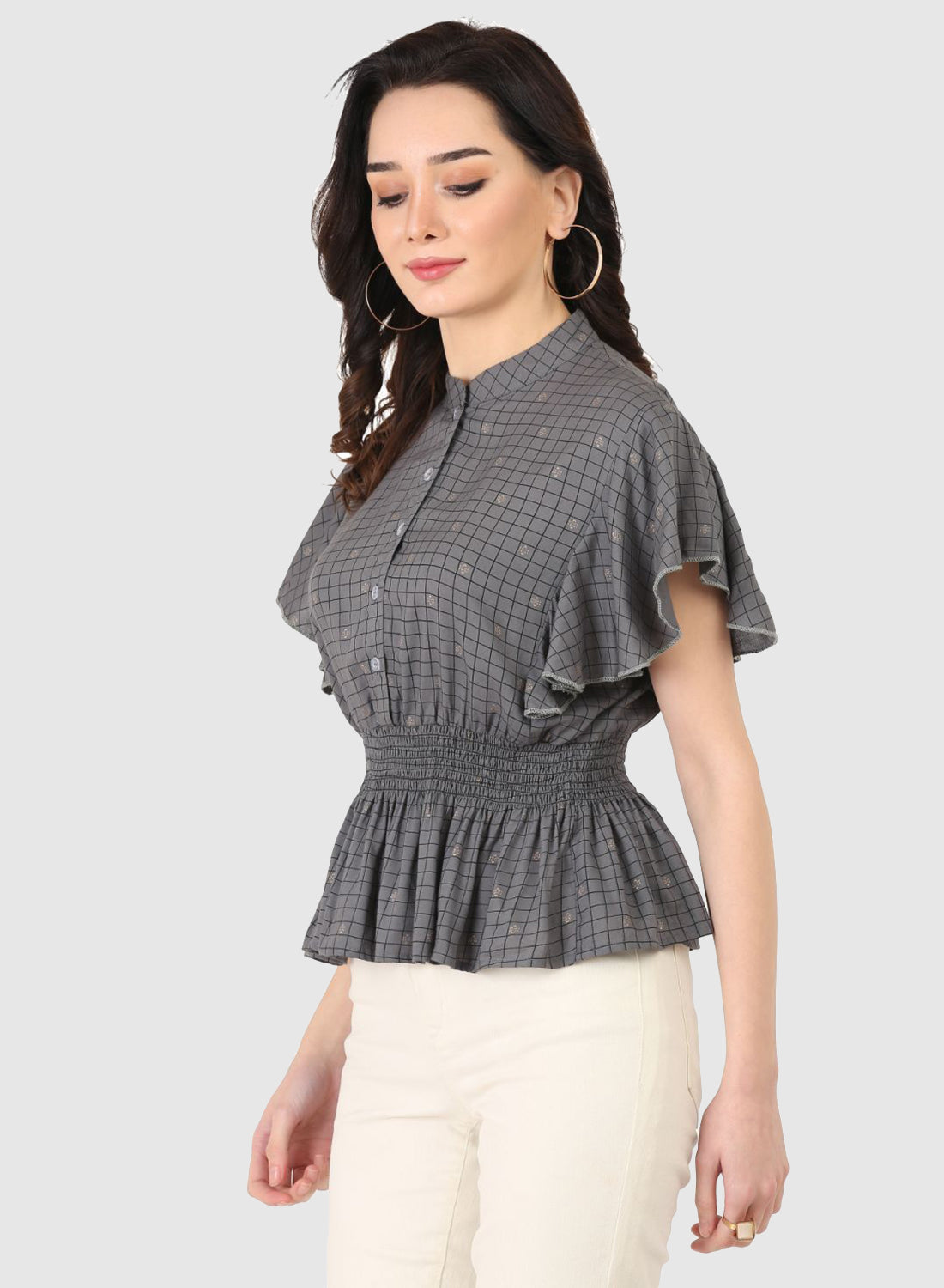 Women Top Grey Fit and Flare Butter Fly Sleeve