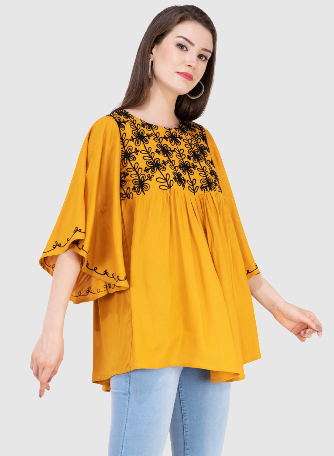 Women Top Mustard Yellow Rayon Casual Fit and Flare Butter Fly Sleeve
