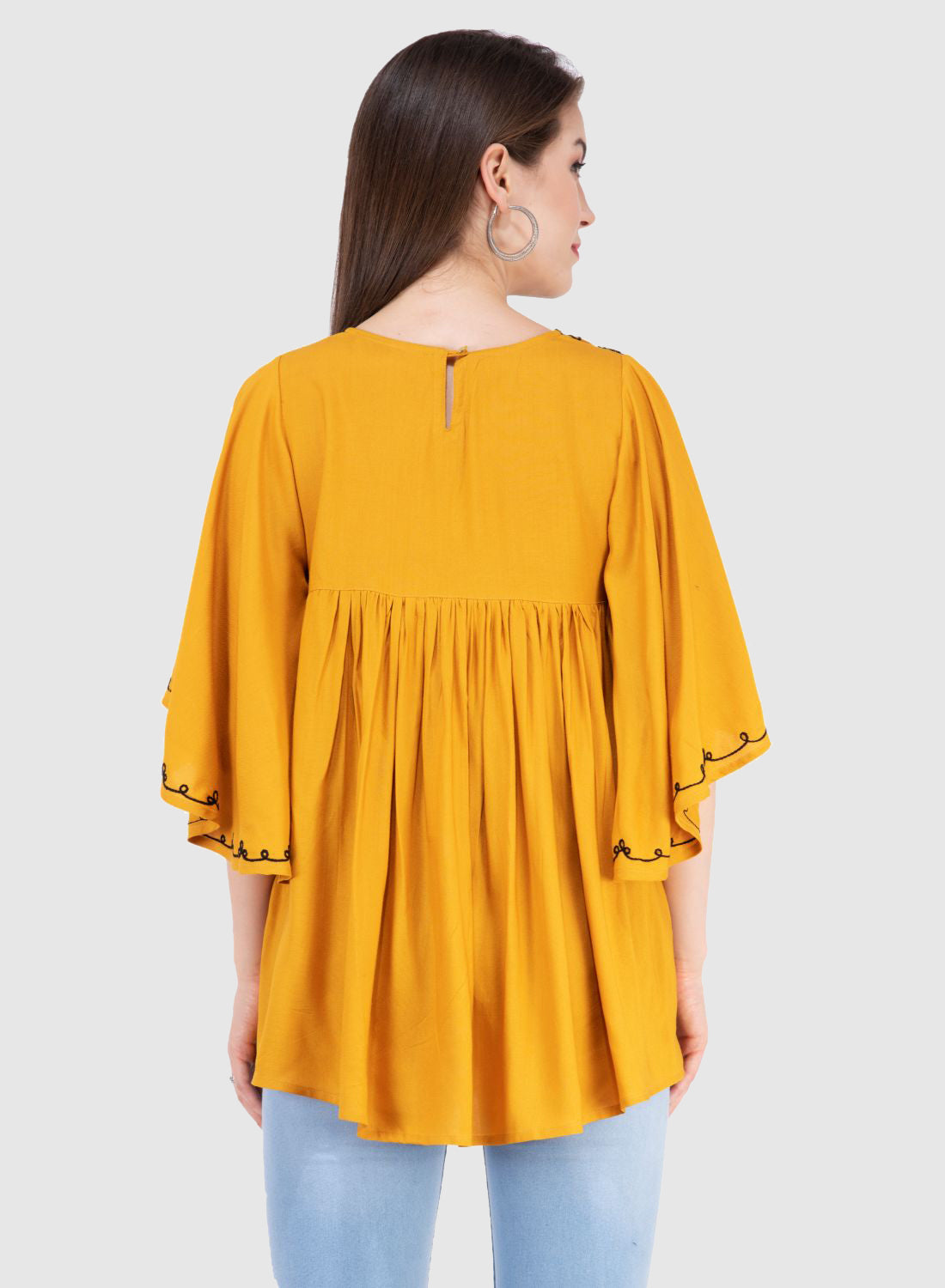 Women Top Mustard Yellow Rayon Casual Fit and Flare Butter Fly Sleeve