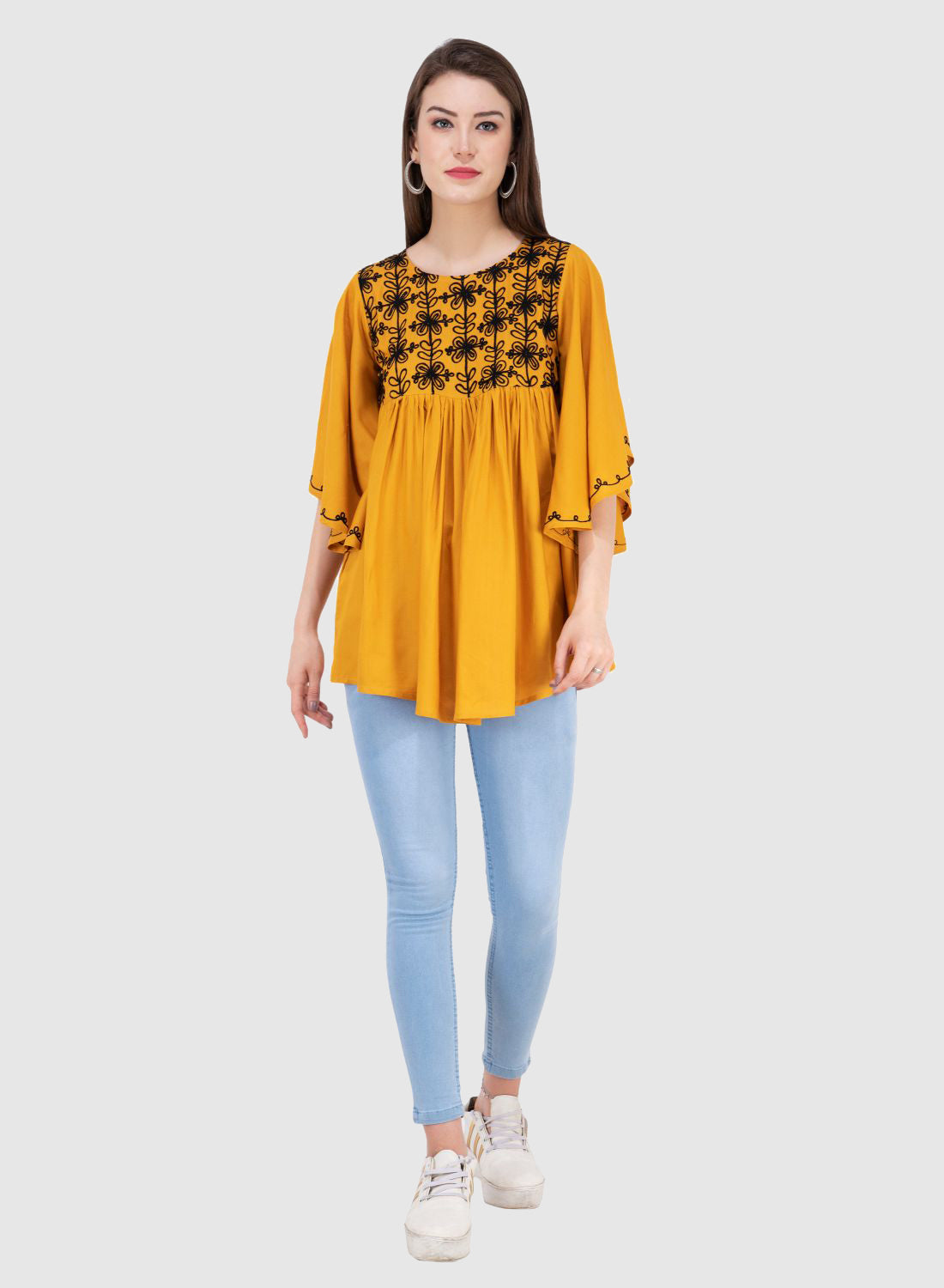 Women Top Mustard Yellow Rayon Casual Fit and Flare Butter Fly Sleeve