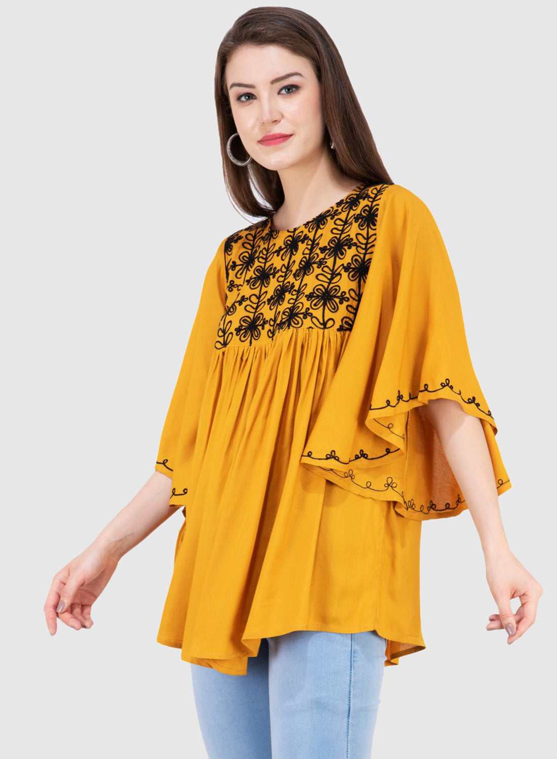 Women Top Mustard Yellow Rayon Casual Fit and Flare Butter Fly Sleeve