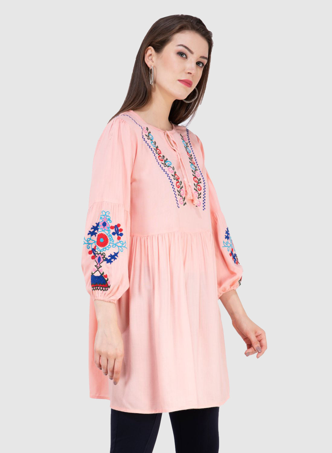 Women Top Pich Rayon Tunic Casual Fit and Flare Puff Sleeve