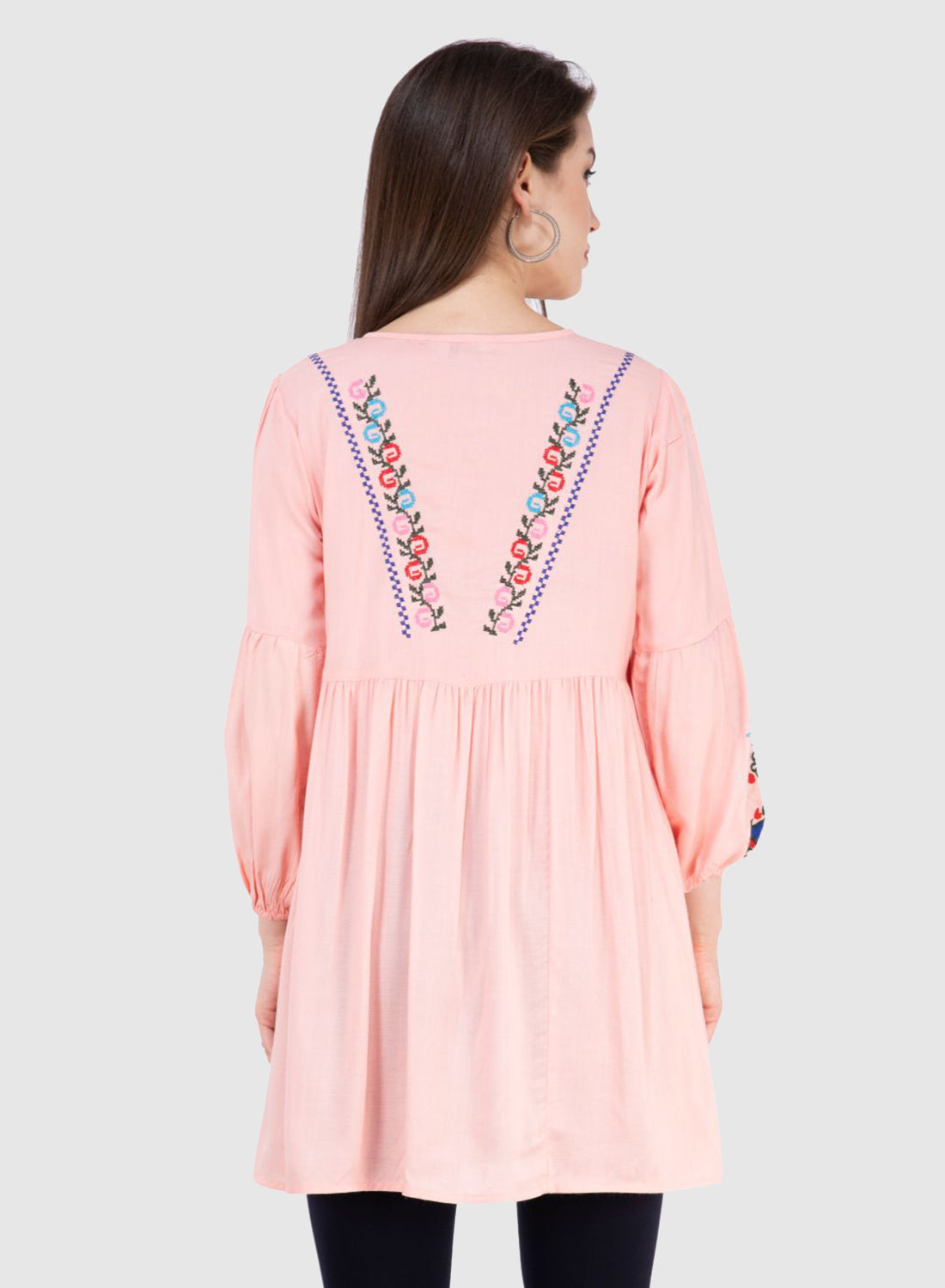 Women Top Pich Rayon Tunic Casual Fit and Flare Puff Sleeve
