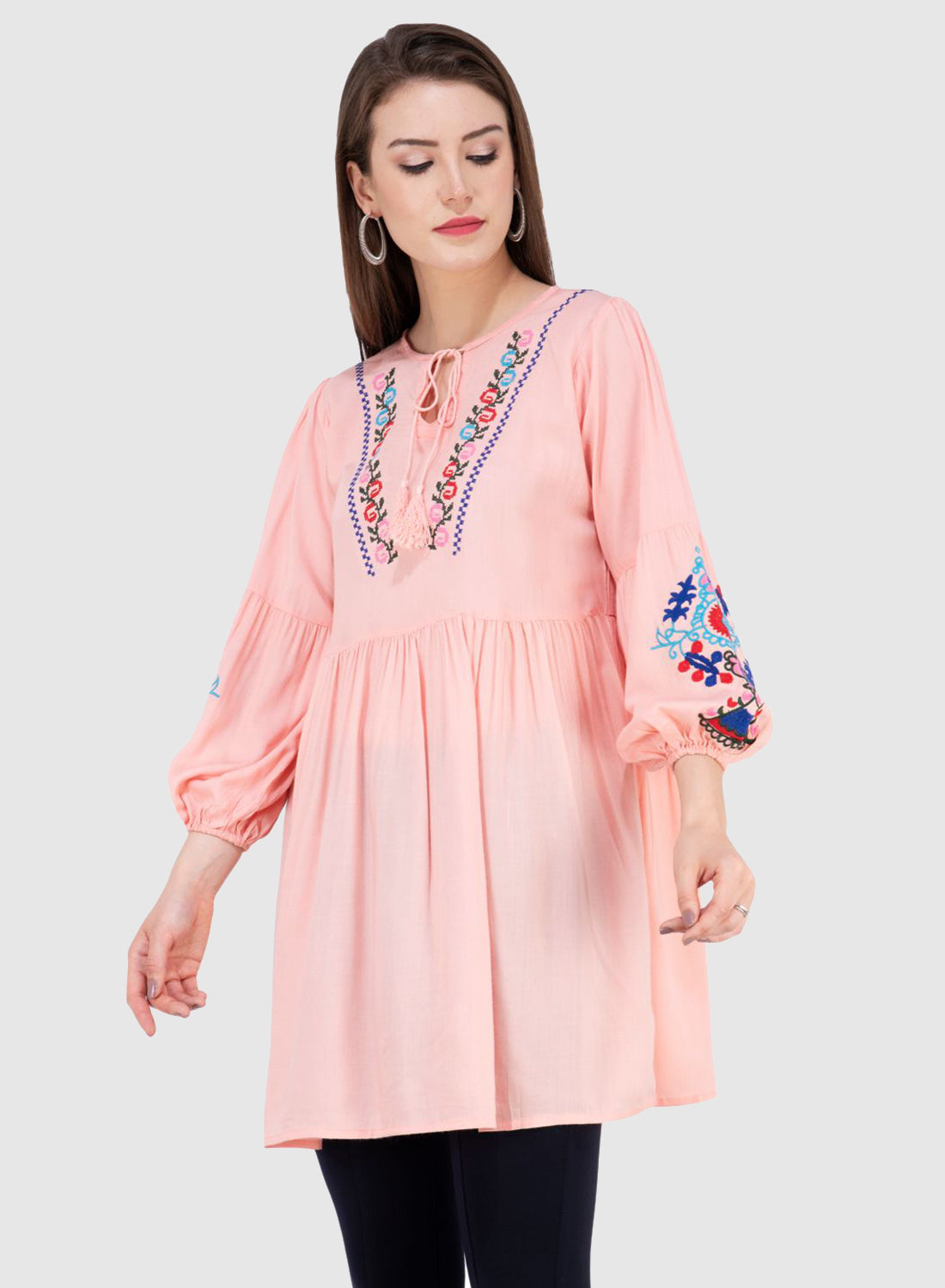 Women Top Pich Rayon Tunic Casual Fit and Flare Puff Sleeve