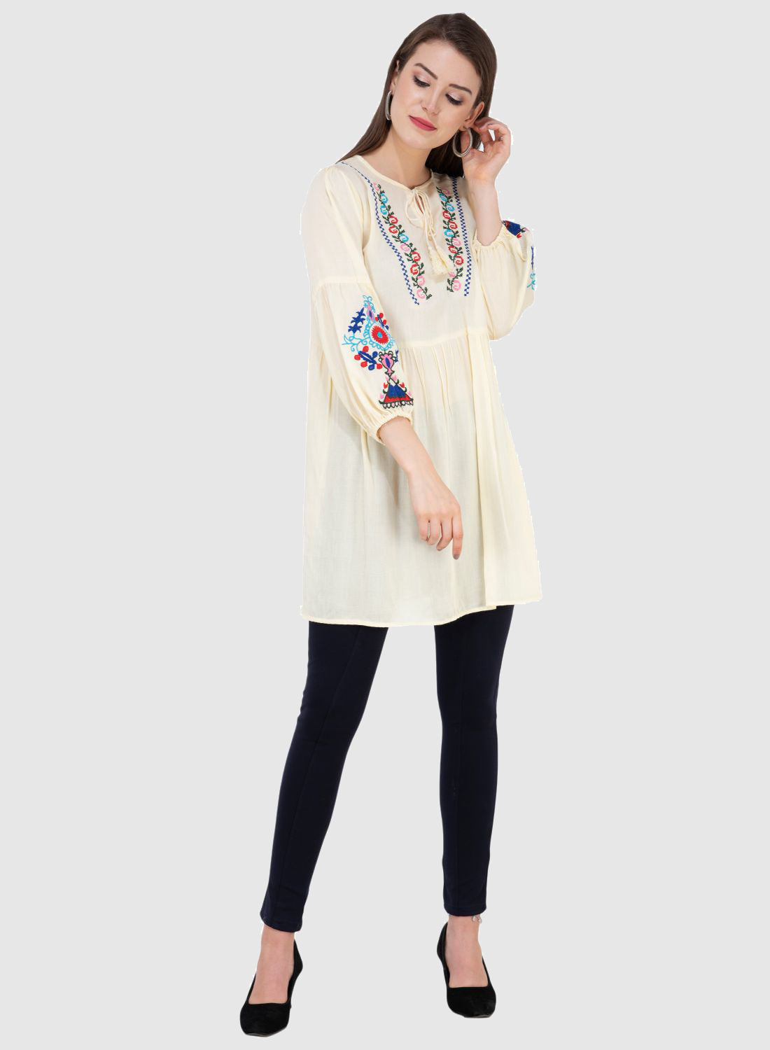 Women Top Lemon Yellow Rayon Tunic Casual Fit and Flare Puff Sleeve