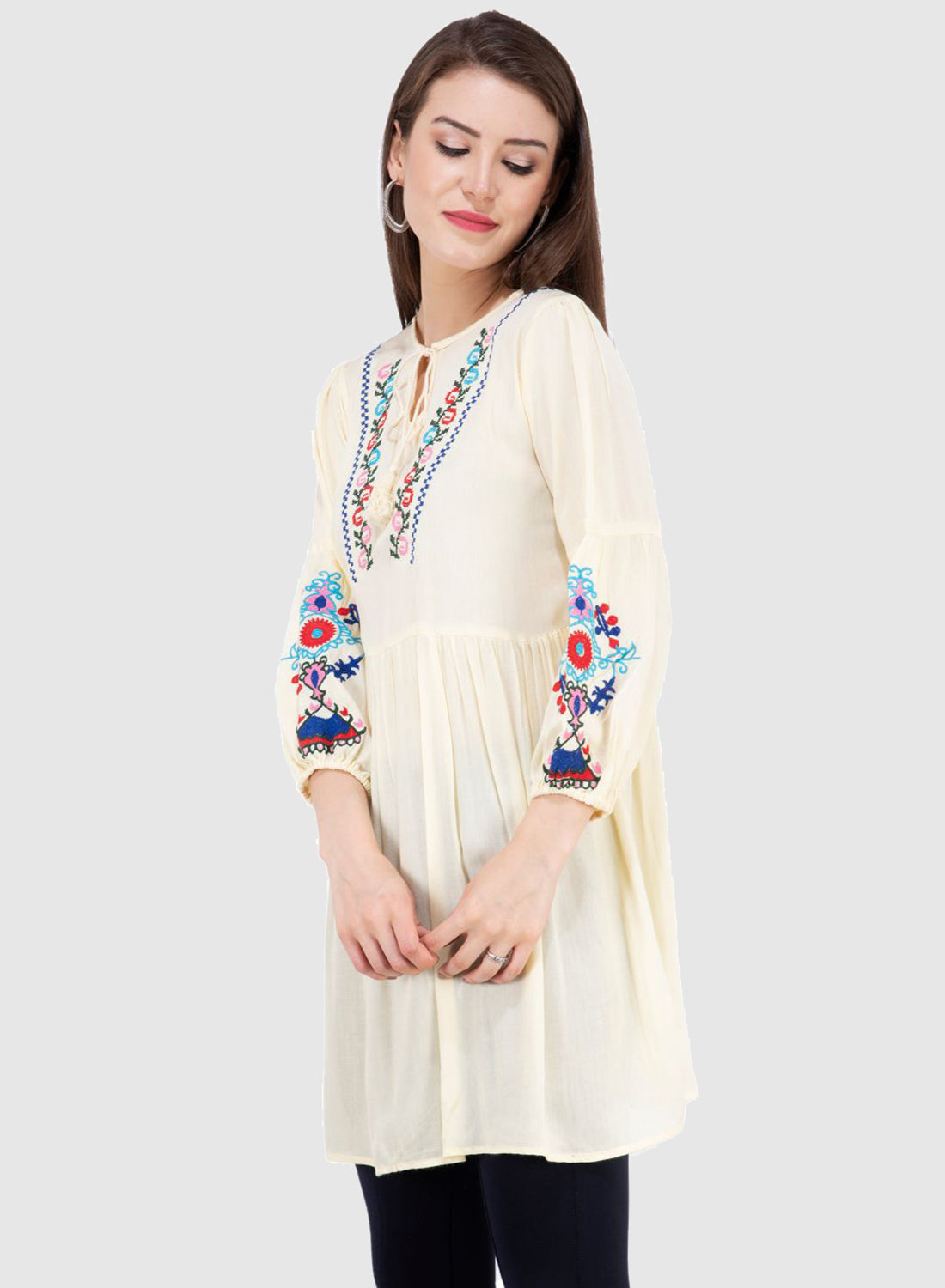 Women Top Lemon Yellow Rayon Tunic Casual Fit and Flare Puff Sleeve
