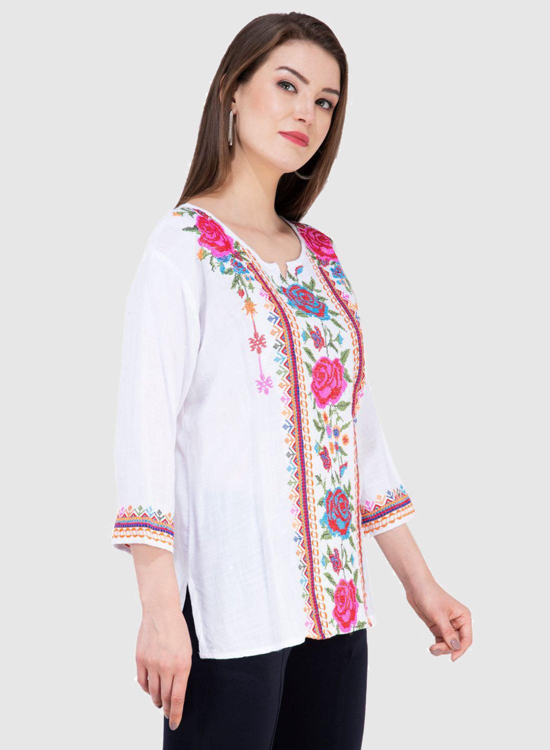 Women Top White Rayon Casual Party Wear 3/4 Sleeve