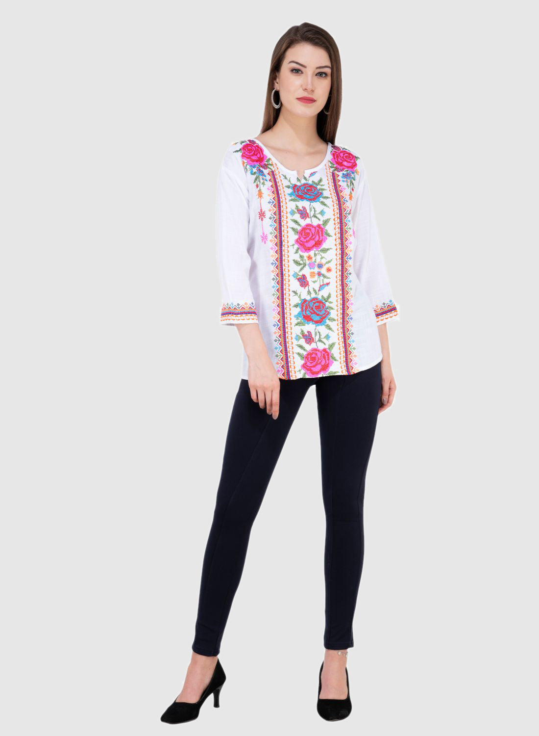 Women Top White Rayon Casual Party Wear 3/4 Sleeve