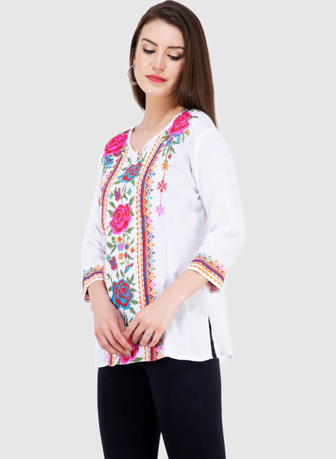 Women Top White Rayon Casual Party Wear 3/4 Sleeve
