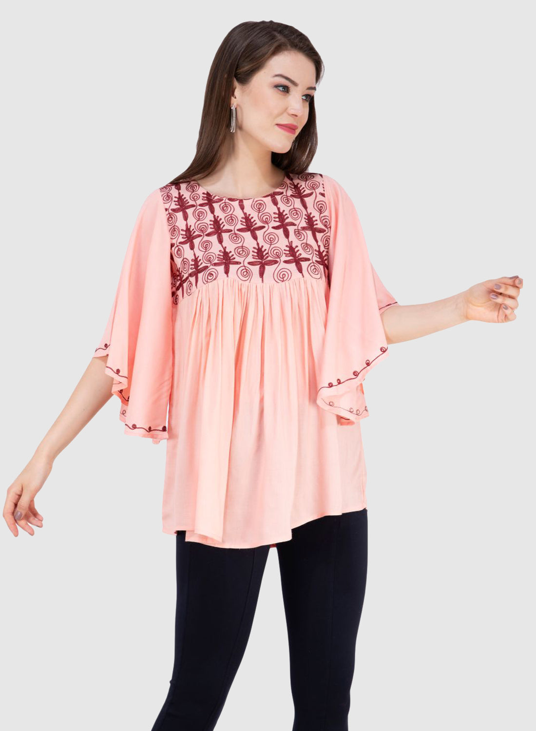 Women Top Pich Rayon Casual Fit and Flare Butter Fly Sleeve