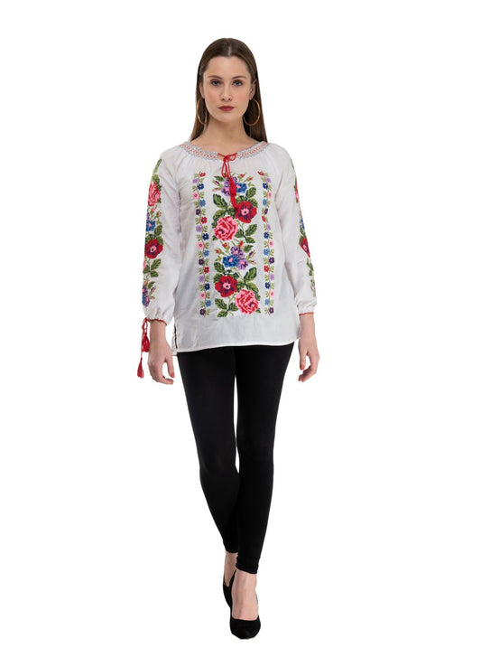 Casual Regular Sleeves Embroidered Women White Multicolor Top