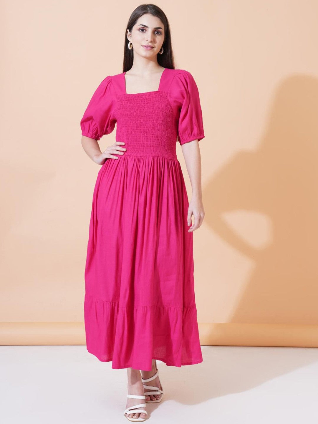 Women Square Neck Puff Sleeves Maxi Fit & Flare Dress