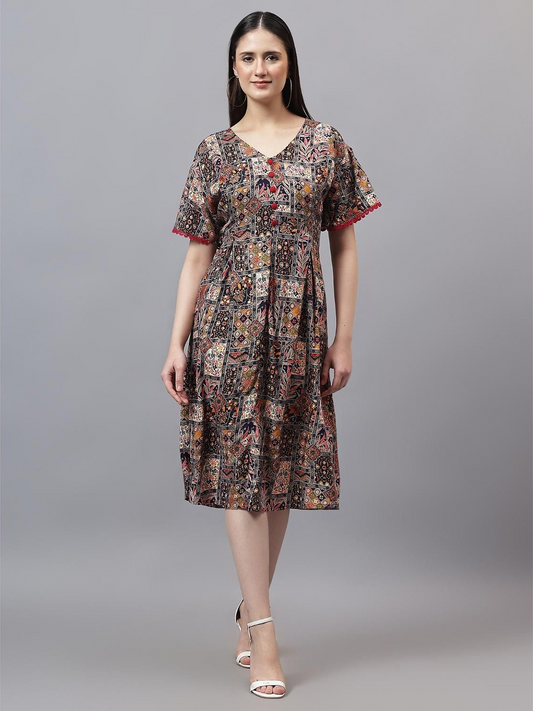 Geometric Printed V-Neck Flared Sleeve Fit and Flare Midi Dress