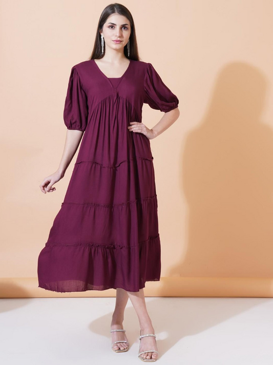 Women Round Neck A-Line Midi Dress