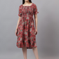 Girl's Tribal Printed Smoked Puff Sleeve Fit & Flare Midi Dress