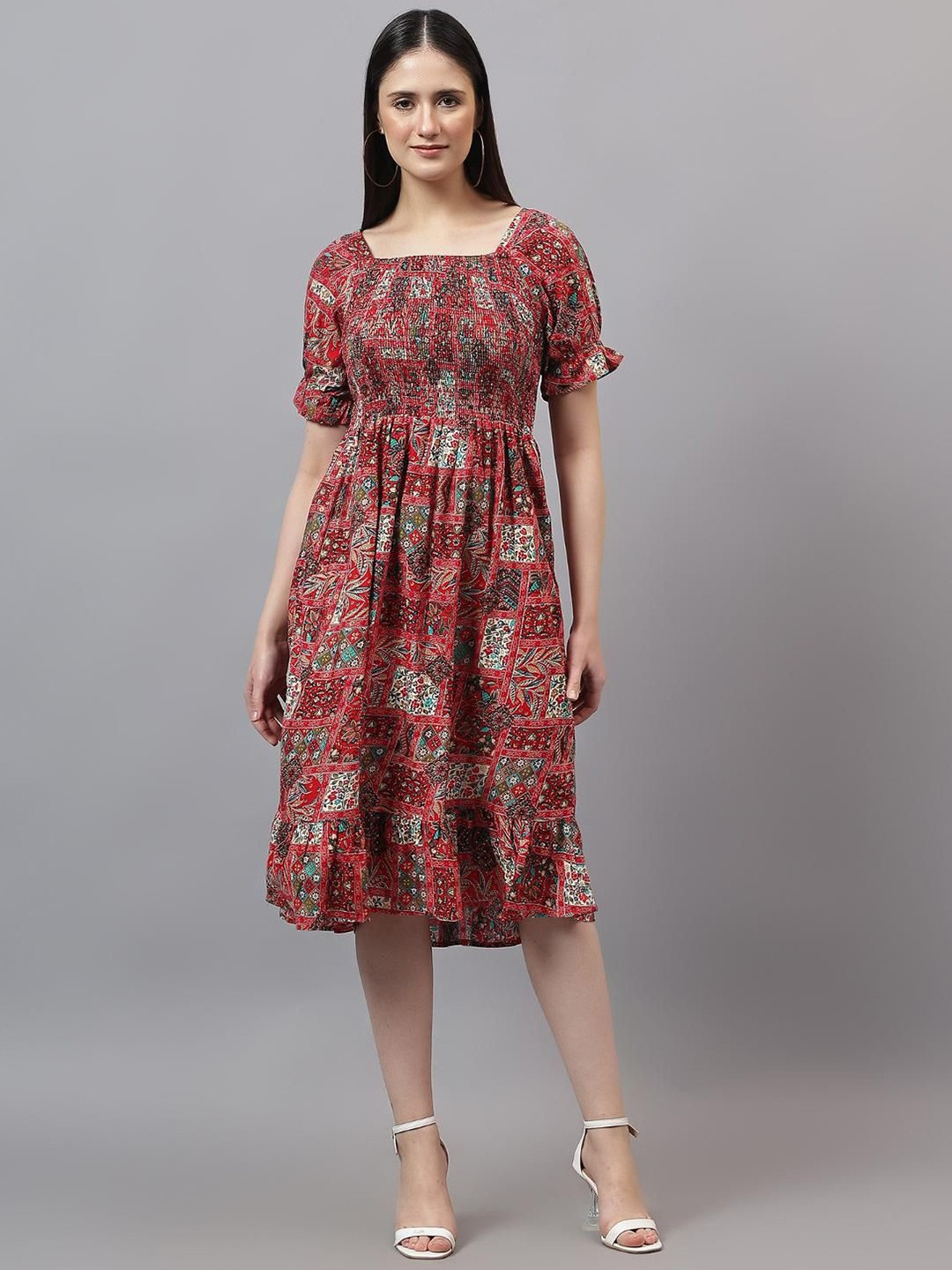 Girl's Tribal Printed Smoked Puff Sleeve Fit & Flare Midi Dress