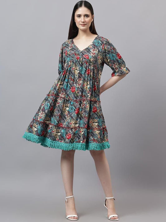 Floral Print Flared Sleeve Empire Dress