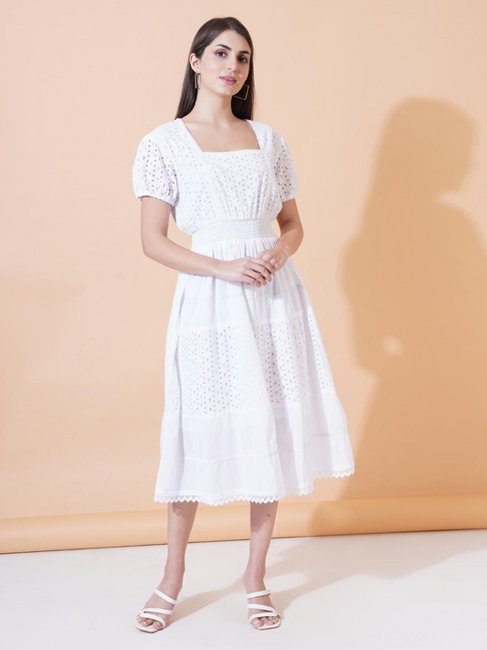 Women Self Design Cotton Fit and Flare Midi Dress
