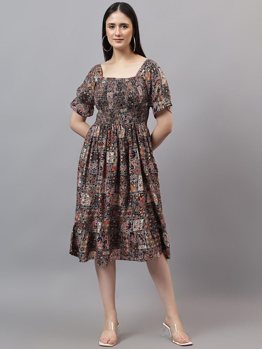 Women Floral Printed Fit & Flare Midi Dress
