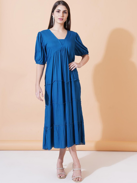 Solid Gathered or Pleated V-Neck Fit and Flare Midi Dress