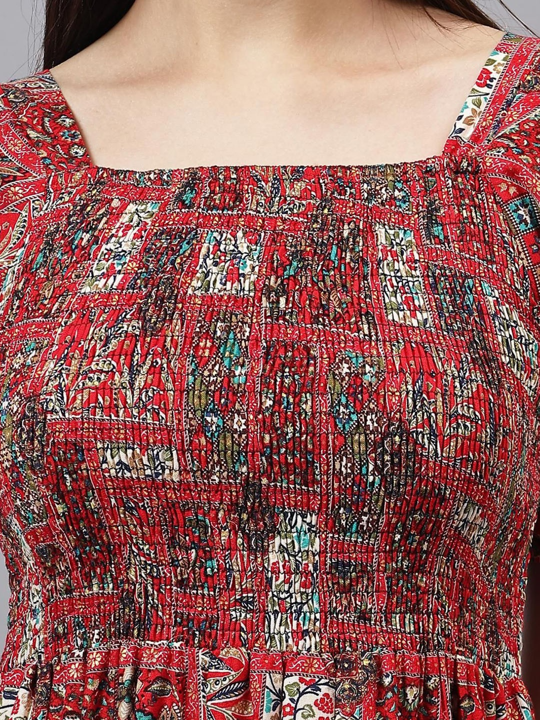 Girl's Tribal Printed Smoked Puff Sleeve Fit & Flare Midi Dress
