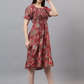 Girl's Tribal Printed Smoked Puff Sleeve Fit & Flare Midi Dress