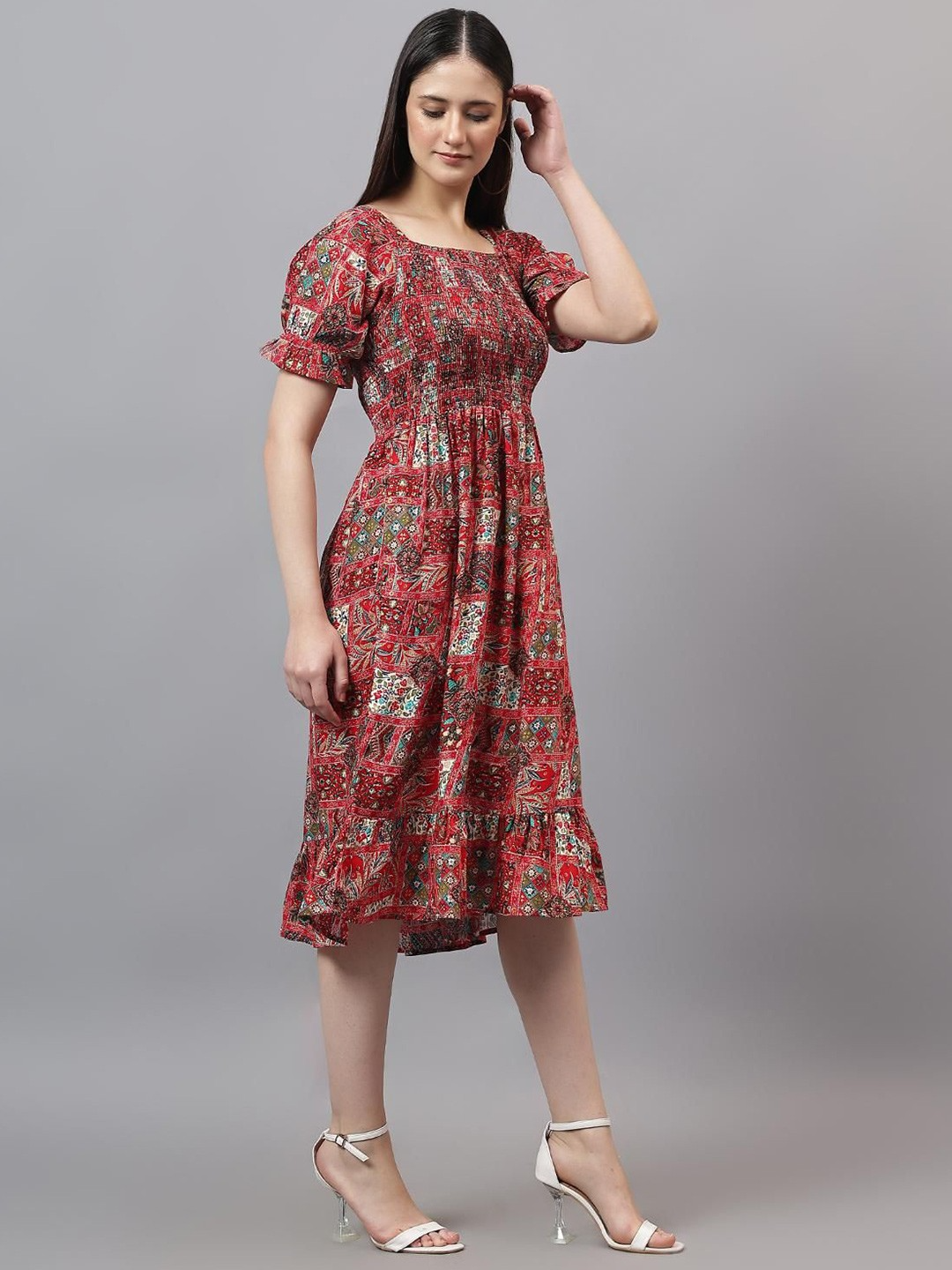 Girl's Tribal Printed Smoked Puff Sleeve Fit & Flare Midi Dress