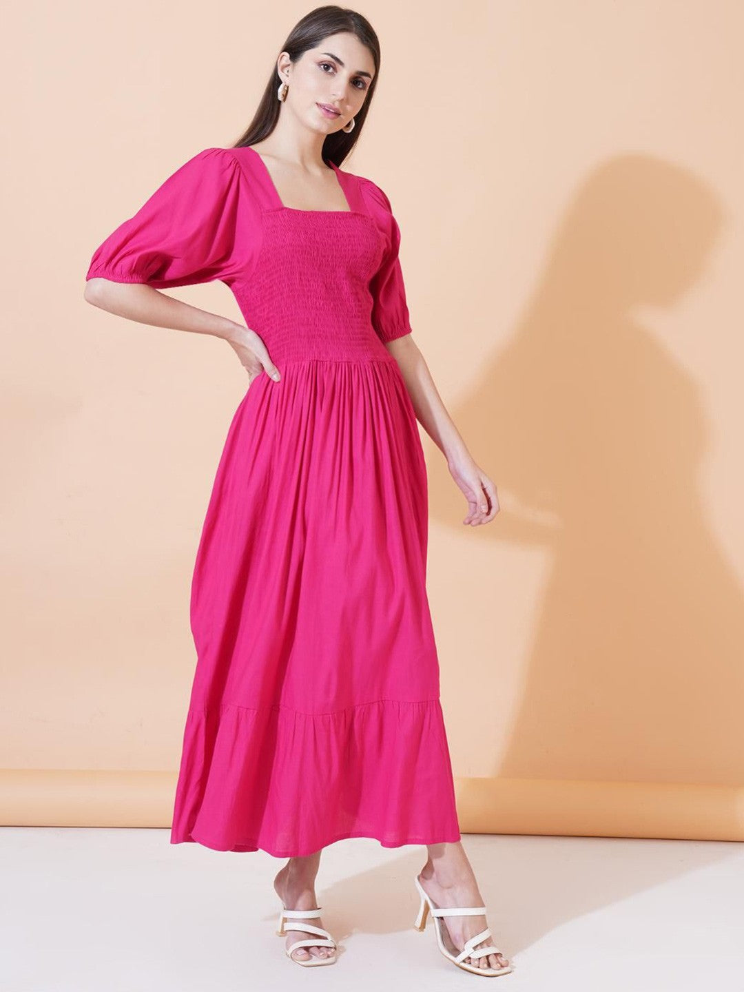 Women Square Neck Puff Sleeves Maxi Fit & Flare Dress