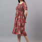 Girl's Tribal Printed Smoked Puff Sleeve Fit & Flare Midi Dress