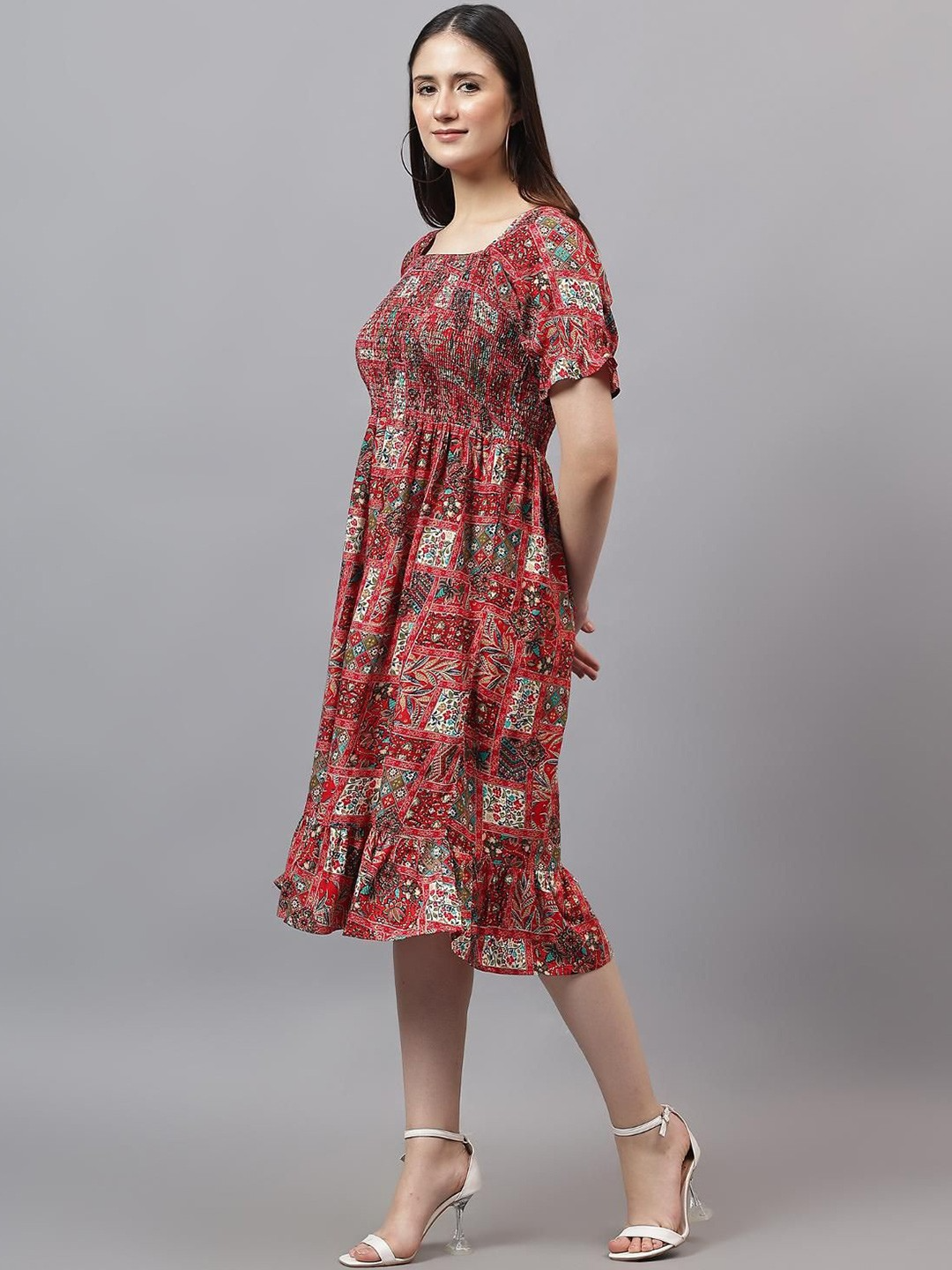Girl's Tribal Printed Smoked Puff Sleeve Fit & Flare Midi Dress