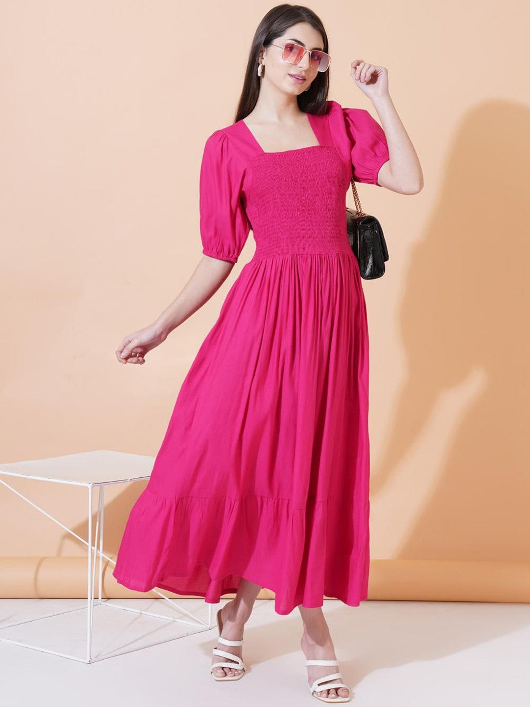 Women Square Neck Puff Sleeves Maxi Fit & Flare Dress