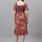 Girl's Tribal Printed Smoked Puff Sleeve Fit & Flare Midi Dress