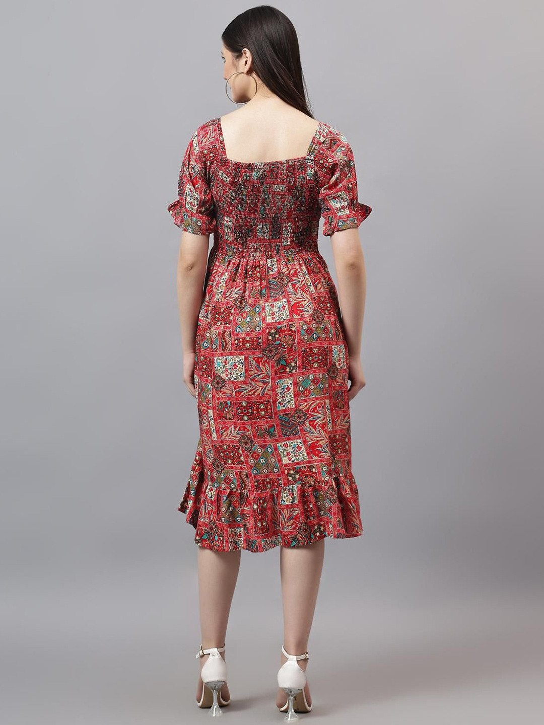 Girl's Tribal Printed Smoked Puff Sleeve Fit & Flare Midi Dress