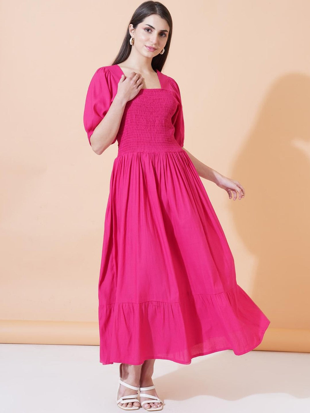Women Square Neck Puff Sleeves Maxi Fit & Flare Dress
