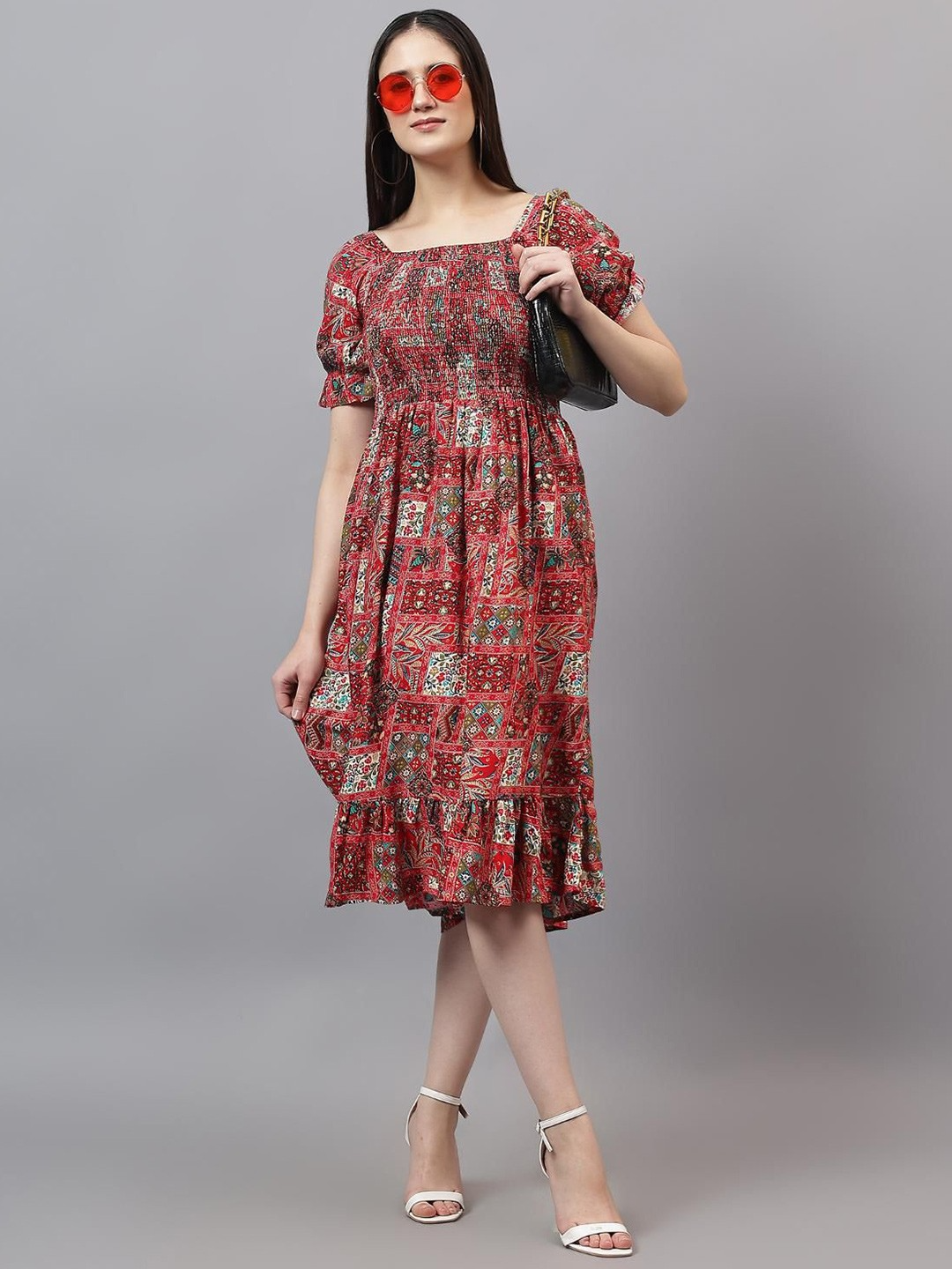 Girl's Tribal Printed Smoked Puff Sleeve Fit & Flare Midi Dress